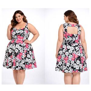 Torrid Floral Swing Dress 16 Sweetheart Cutout Black Pink Retro Summer Tropical